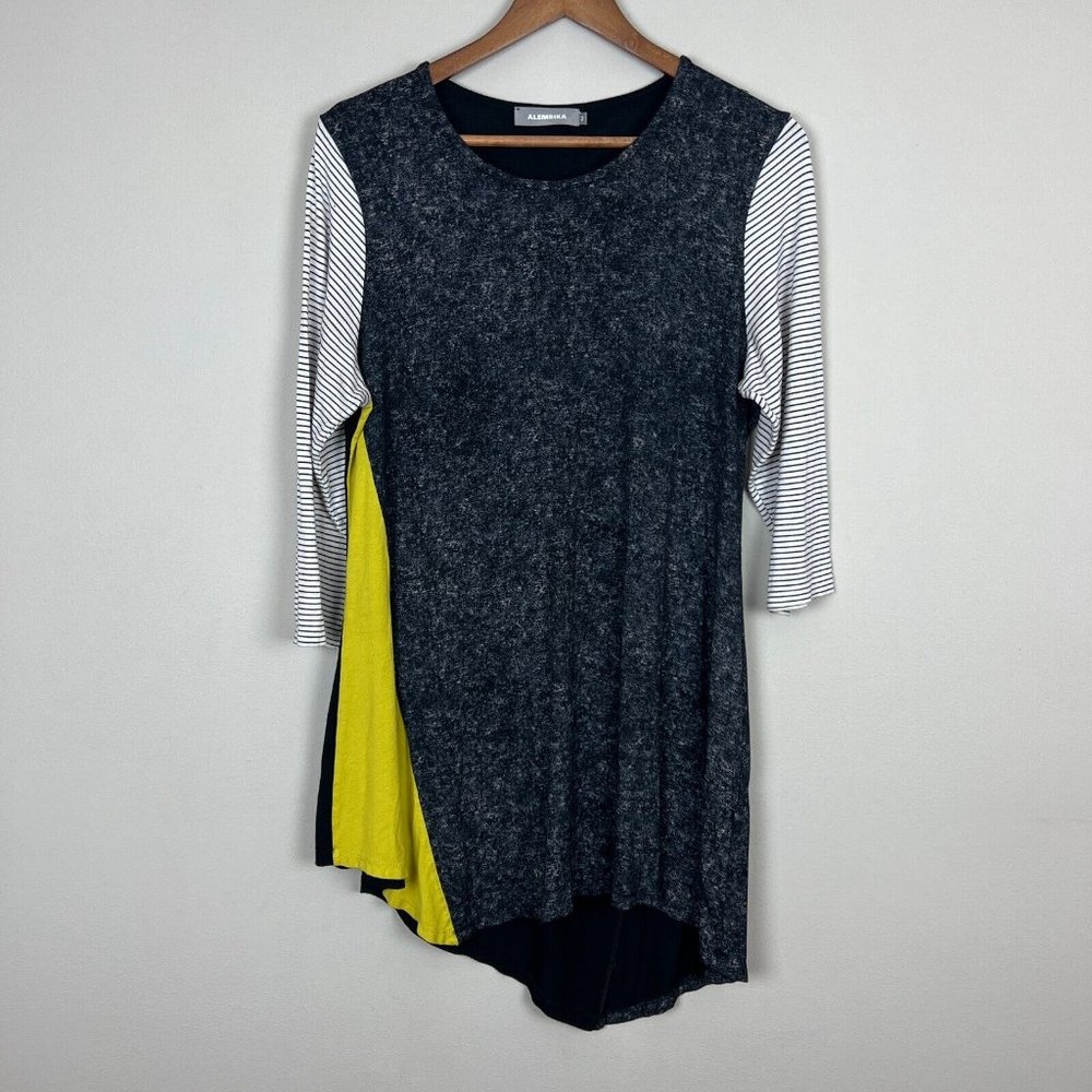 Alembika 2 Tunic Top Womens 8 10 Gray Asymmetric Hem Lagenlook 3/4 Sleeve Stripe